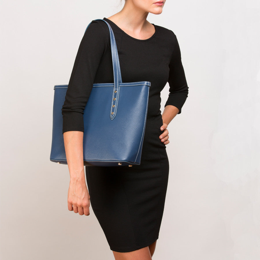 Women's Blue Leather Shoulder Bag - SUSU Ludlow Studded Tote with Zipper - Diazza