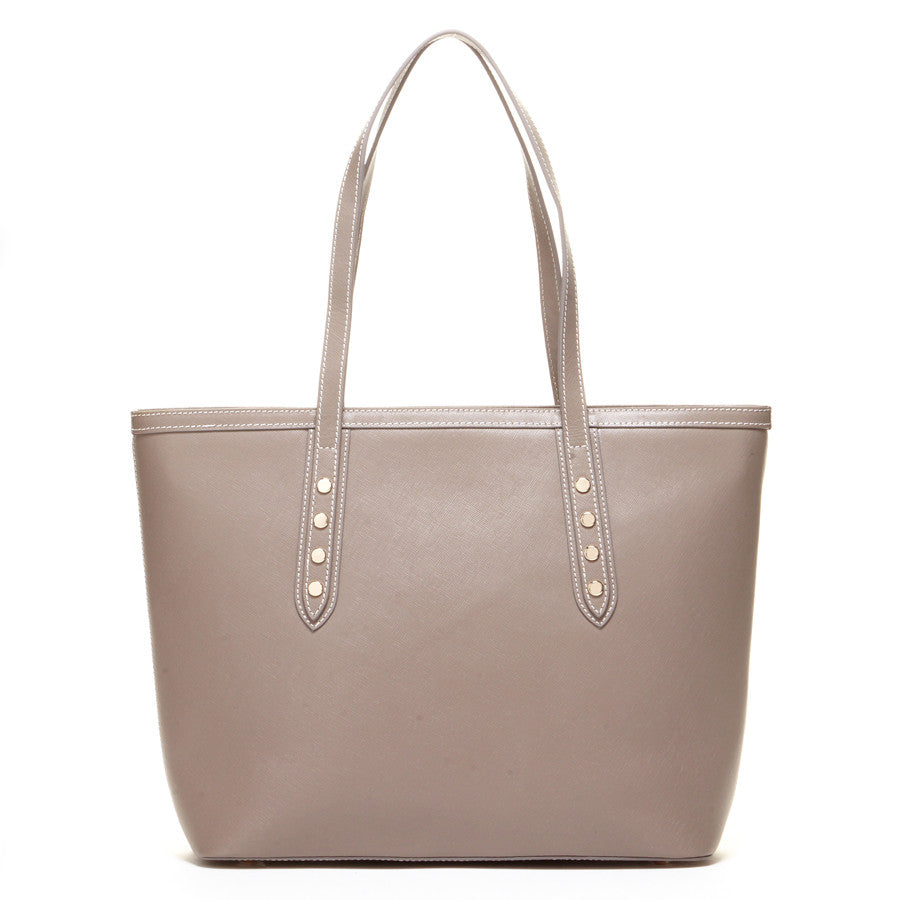 SUSU Ludlow dark dune Saffiano leather tote with metallic studs and light gold hardware