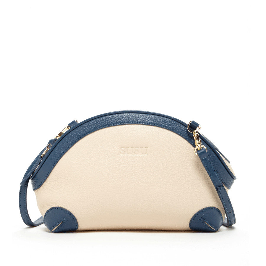SUSU women's ivory pebbled leather crossbody bag with blue details and gold hardware