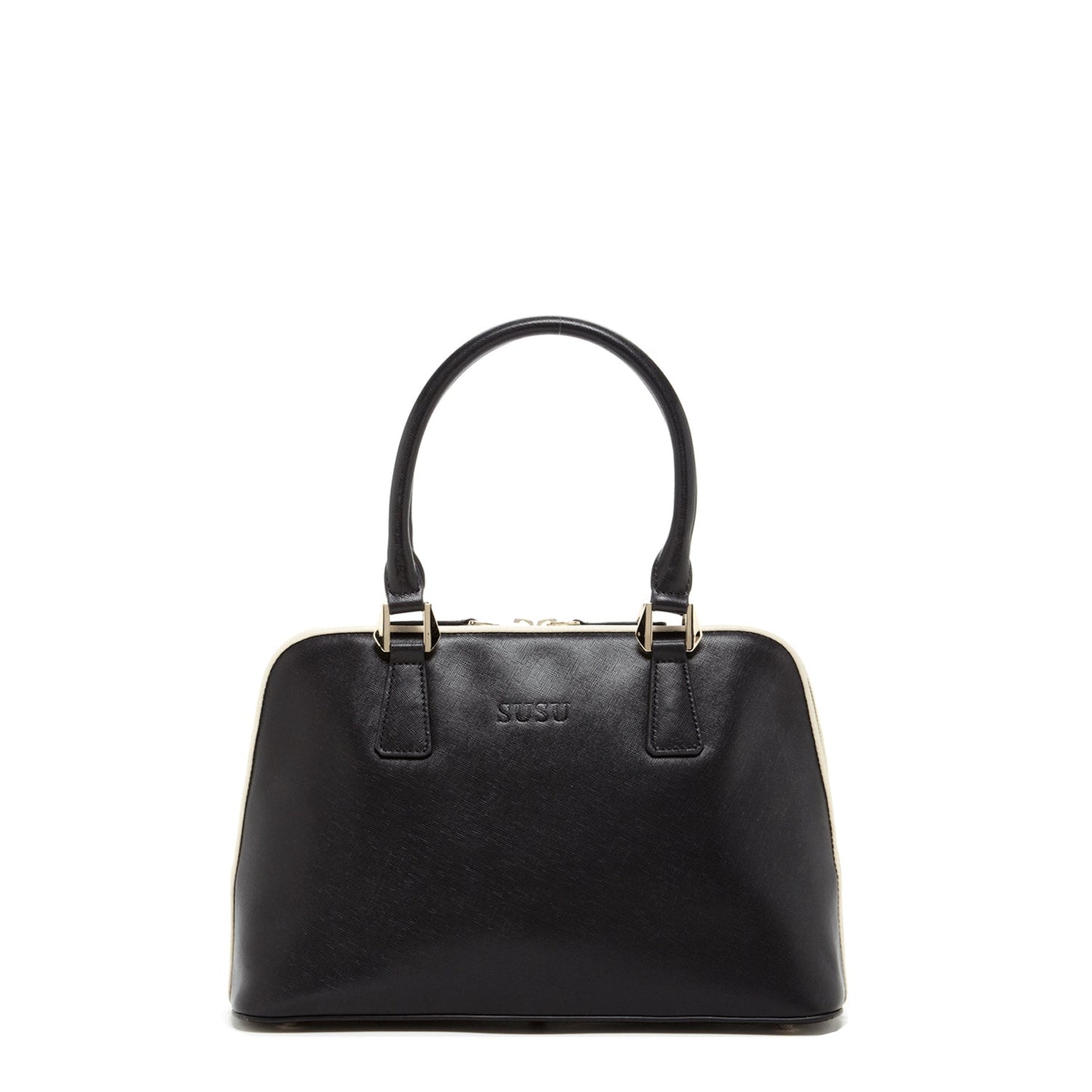 SUSU Melissa black Saffiano leather satchel bag with dome shape and light gold hardware