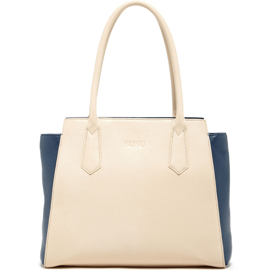 SUSU Jody blue ivory leather tote bag with gold hardware and double handles