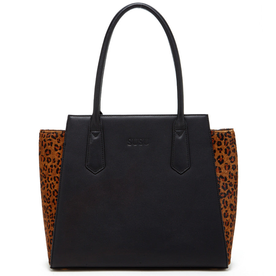 Women's Black Leopard Leather Tote Bag - Jody Color-Blocked Large Handbag - Diazza