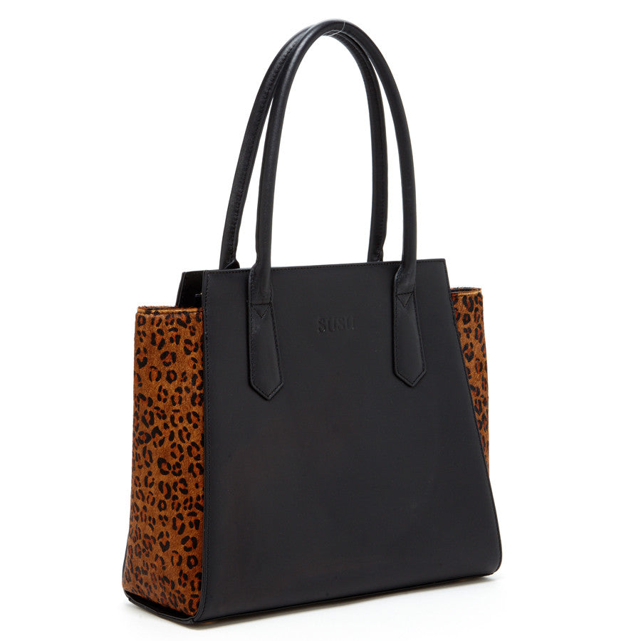 Women's Black Leopard Leather Tote Bag - Jody Color-Blocked Large Handbag - Diazza