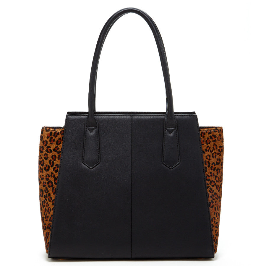 Women's Black Leopard Leather Tote Bag - Jody Color-Blocked Large Handbag - Diazza
