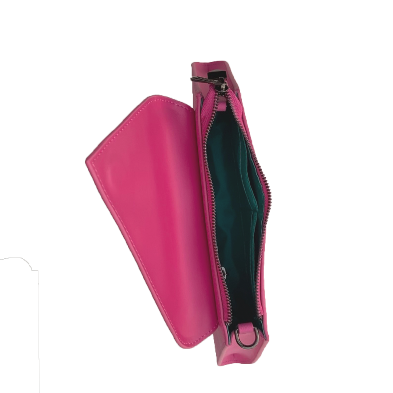 SUSU hot pink leather bag interior showing teal lining and credit card slots