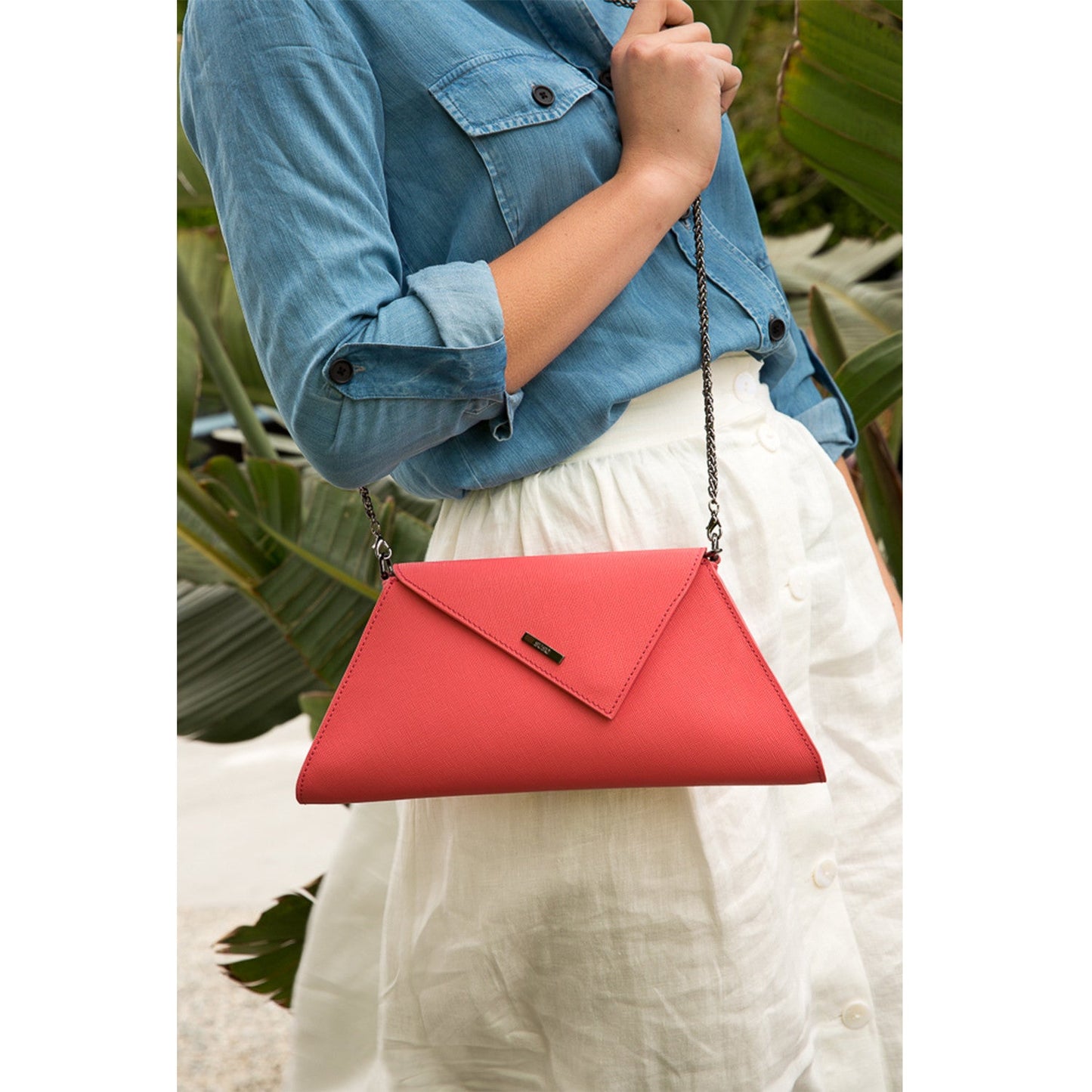 Women's Coral Pink Leather Clutch - Angelica Crosshatched Clutch Purse with Chain - Diazza