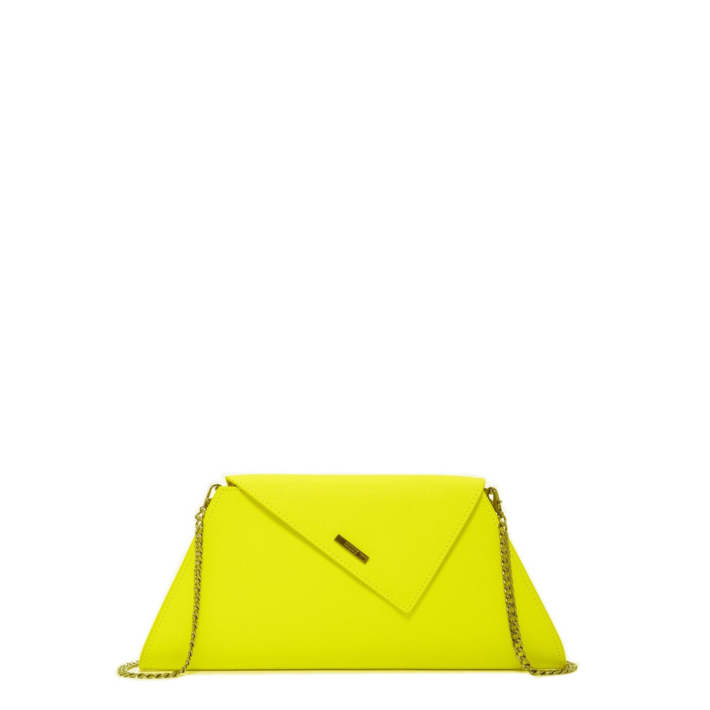 SUSU yellow leather clutch bag with gunmetal hardware and structured silhouette