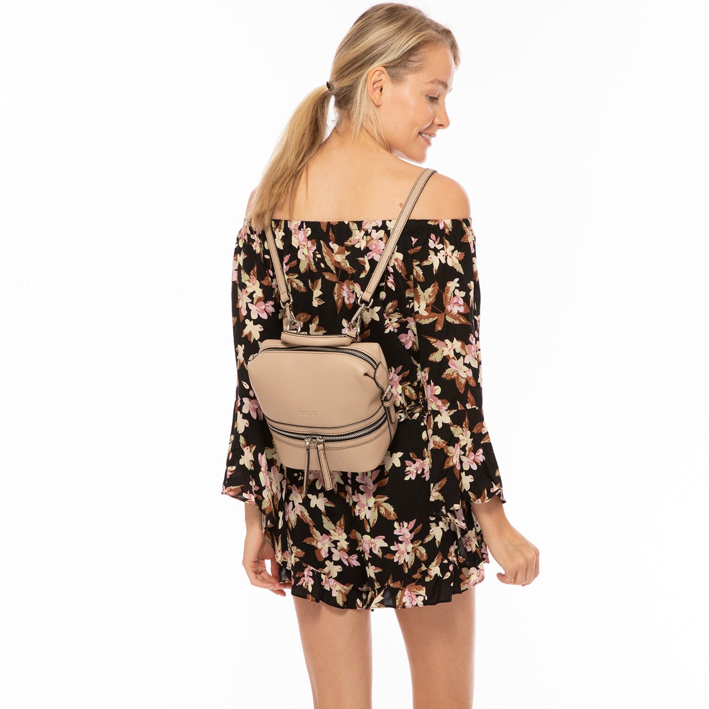 Women's Beige Leather Convertible Backpack - SUSU Ashley Medium with Pockets - Diazza