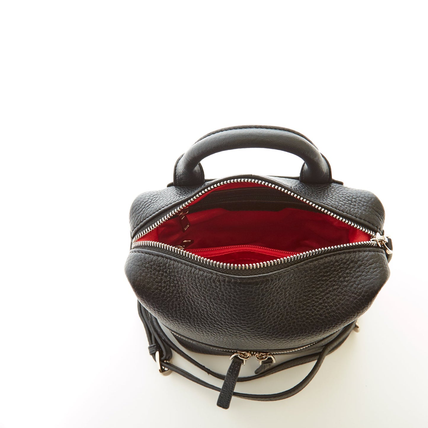 SUSU Ashley black leather backpack interior showing red lining and cell phone slot
