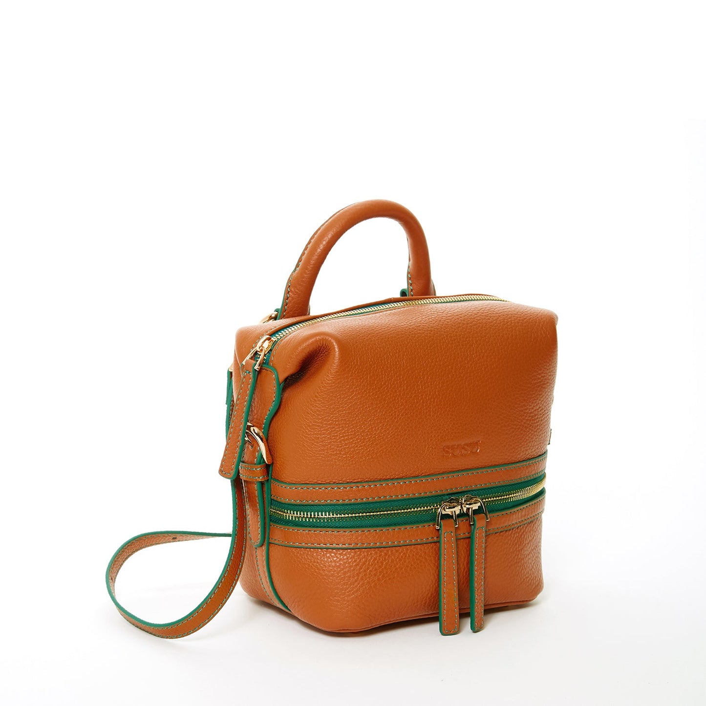 SUSU Ashley brown pebble leather backpack showing gold zippers and tassel details