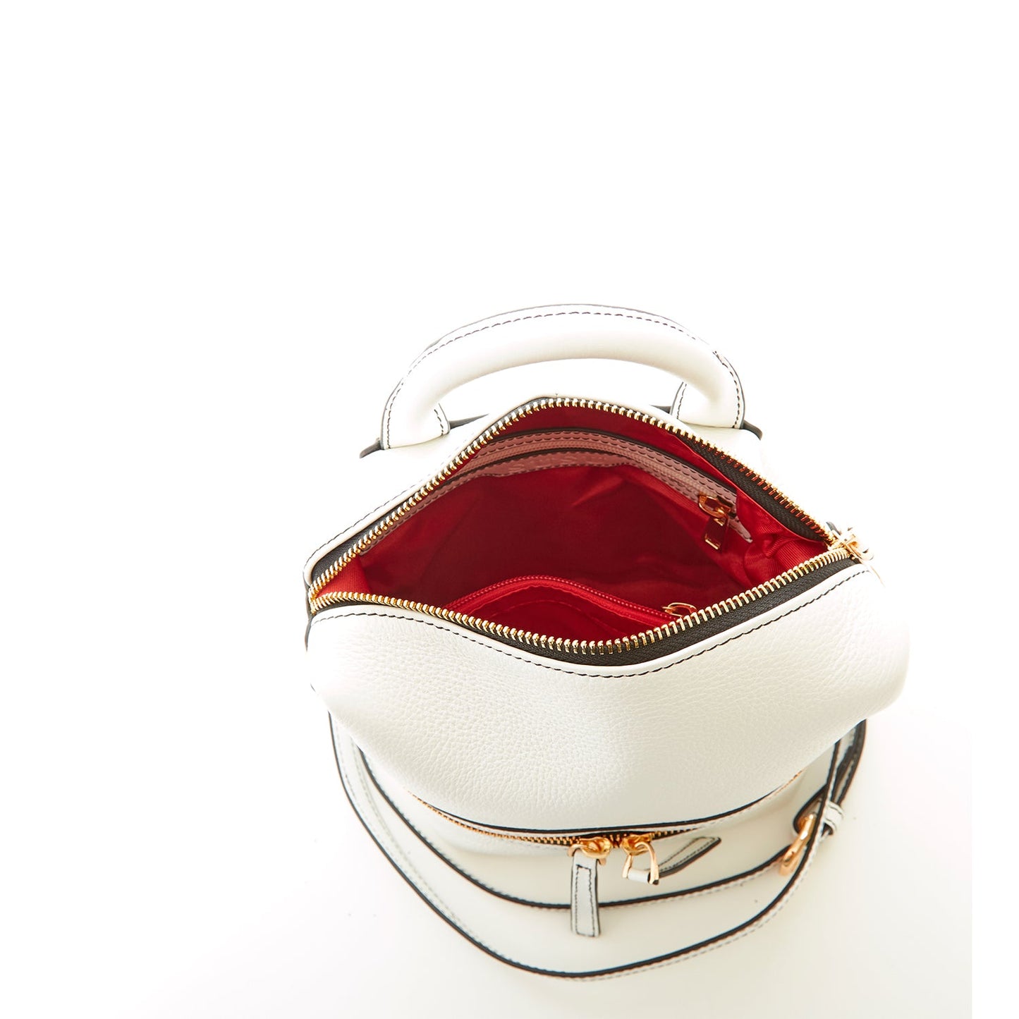 SUSU Ashley white leather backpack interior showing red lining and cell phone slot
