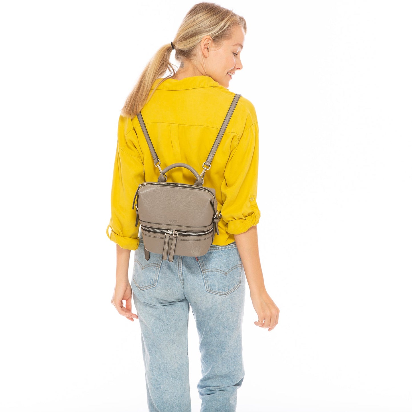 Women's Gray Leather Convertible Backpack - SUSU Ashley Medium with Pockets - Diazza