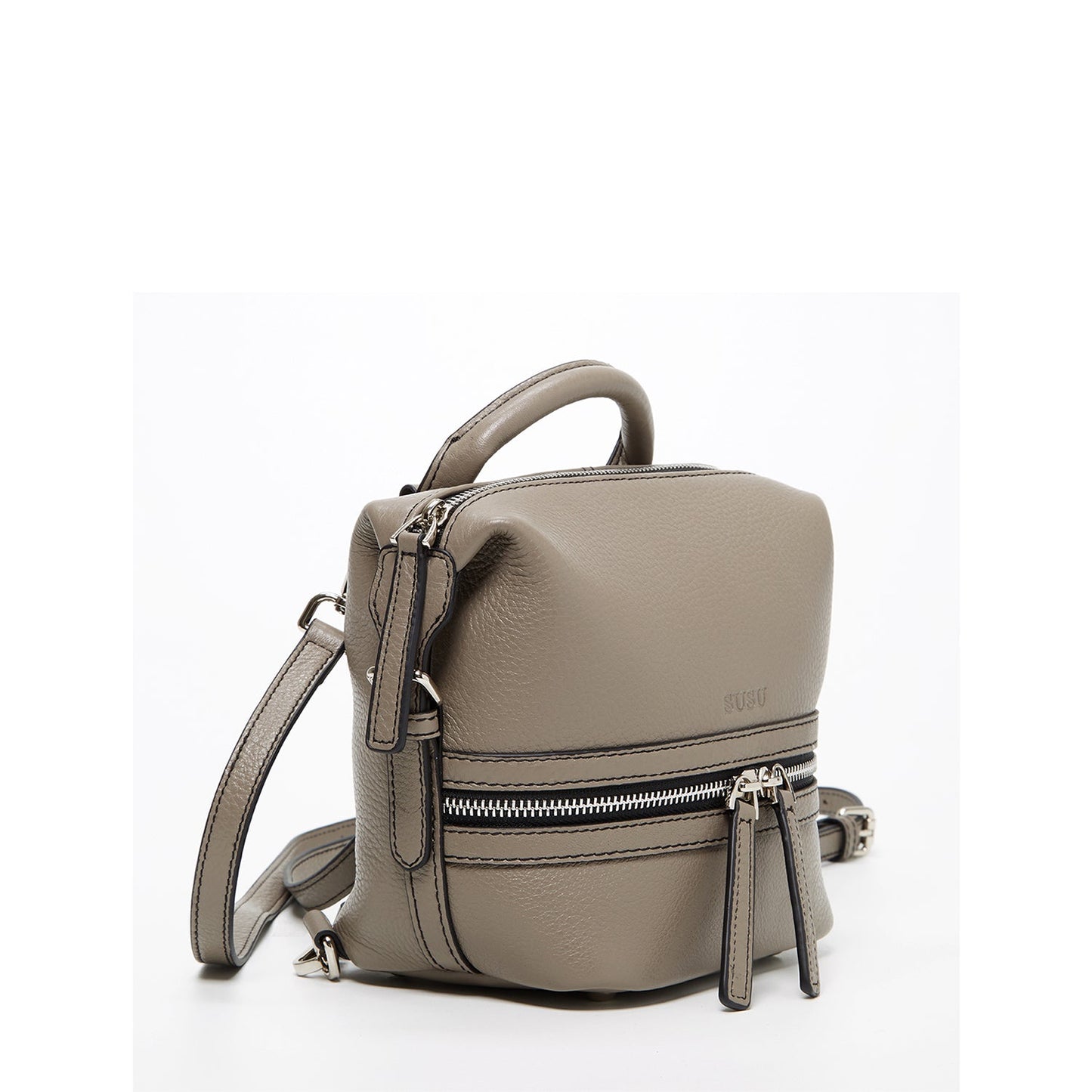 SUSU Ashley gray leather backpack front view showing zippered pockets and organization