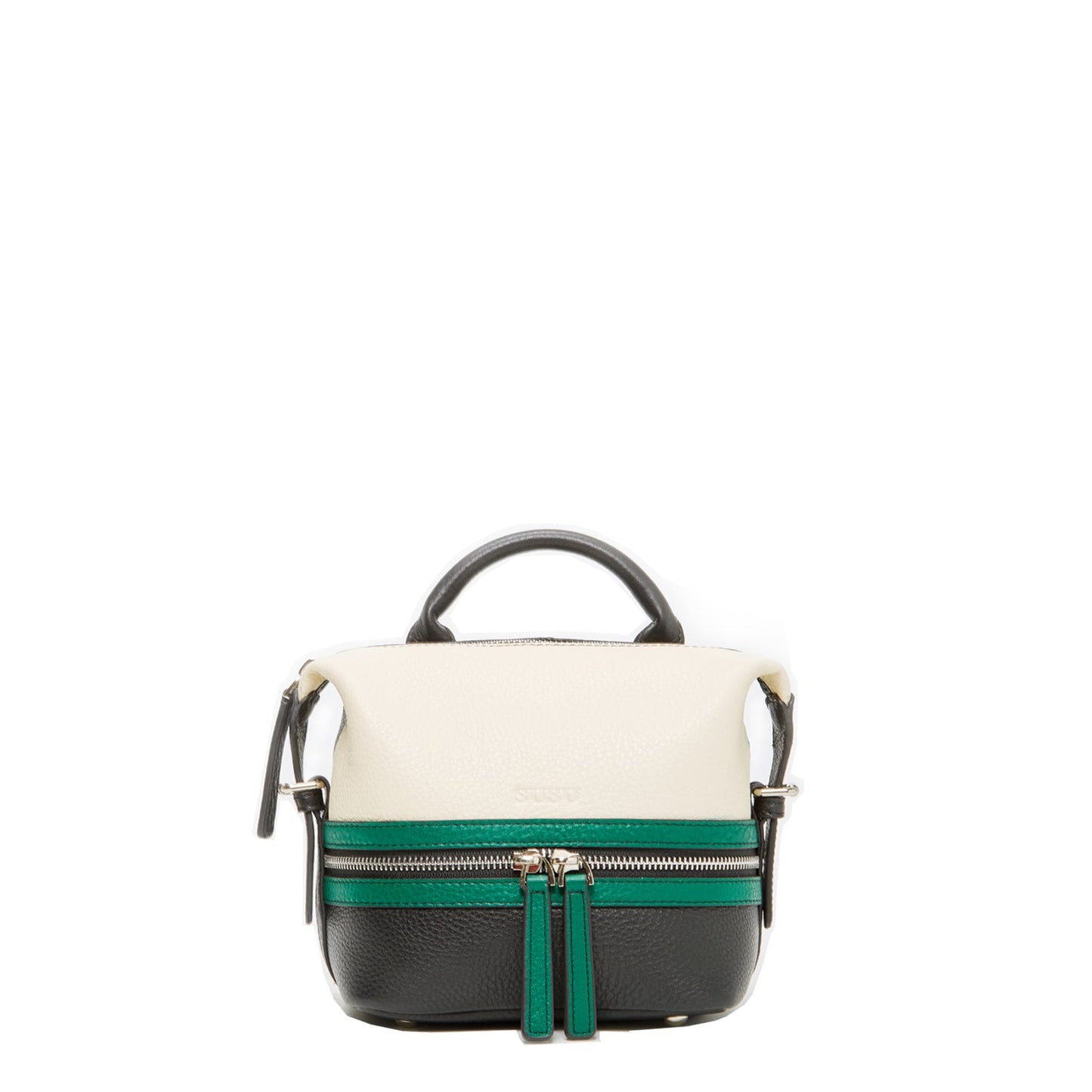 SUSU Ashley off white green black pebble leather convertible backpack with silver hardware and tassels