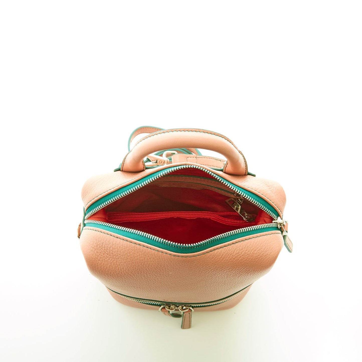 SUSU Ashley pink leather backpack interior showing red lining and cell phone slot
