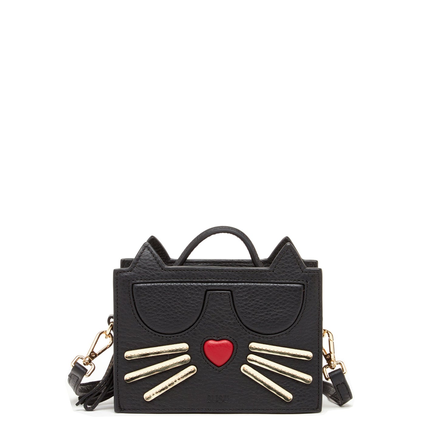 SUSU black Italian leather cat bag with playful cat design and light gold hardware