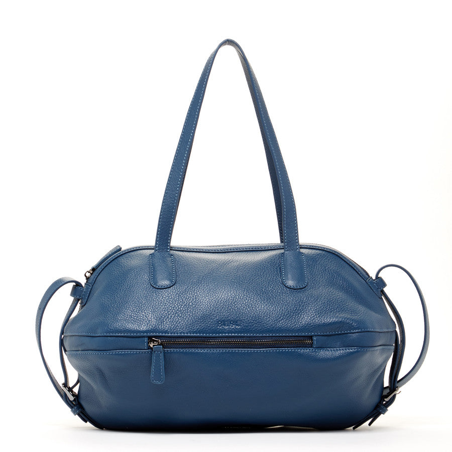 SUSU Catherine blue leather satchel bag with light gold hardware and structured silhouette