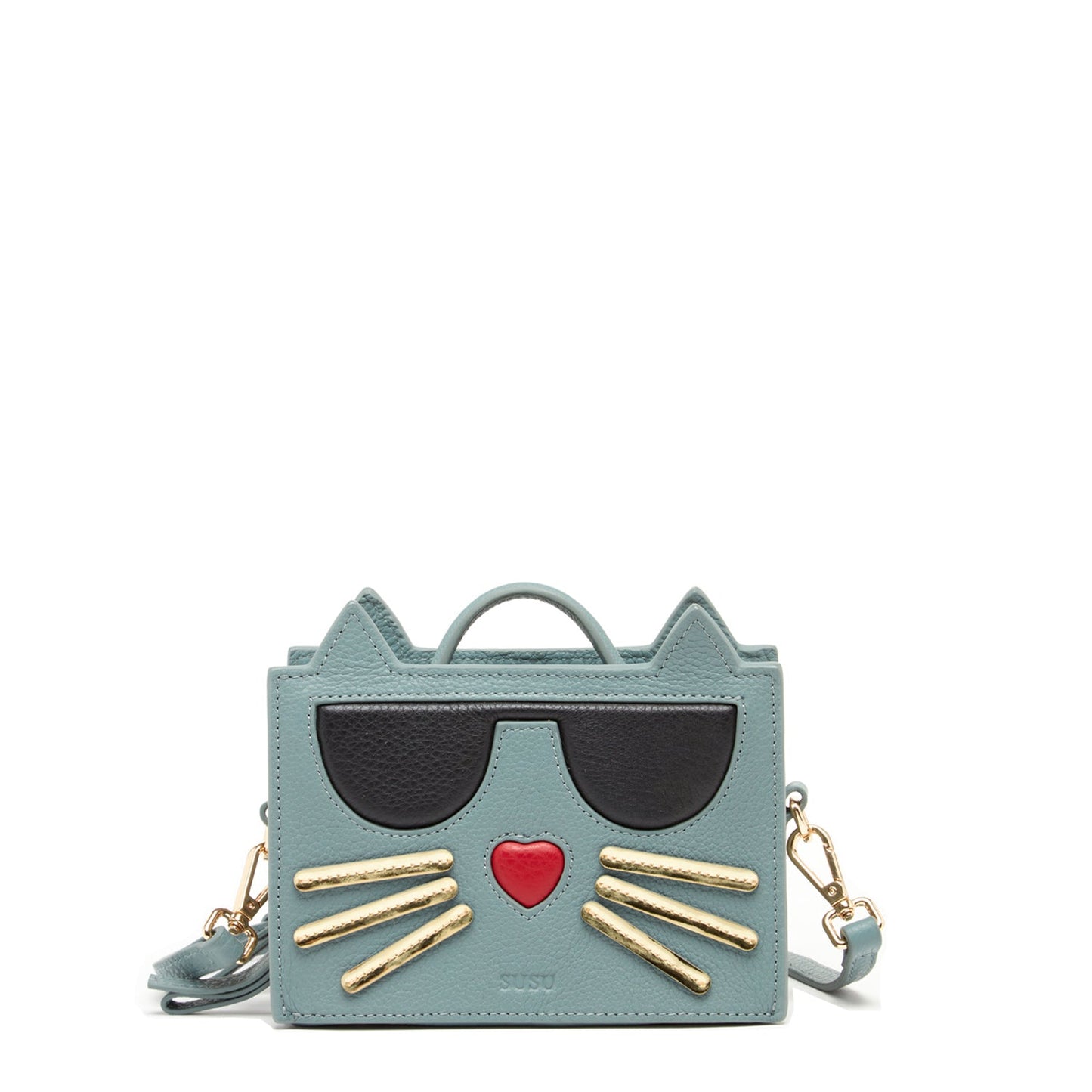 SUSU mineral blue leather cat purse with adorable cat face design and light gold hardware