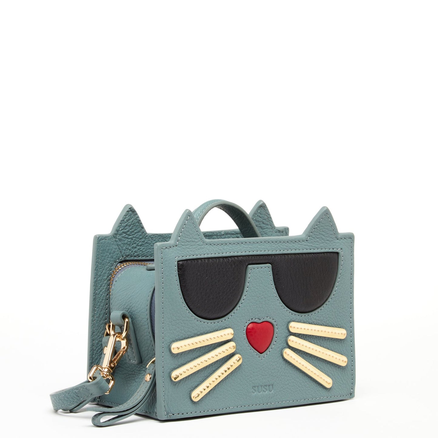 SUSU cat purse showing cute whiskers and red nose details on mineral blue leather