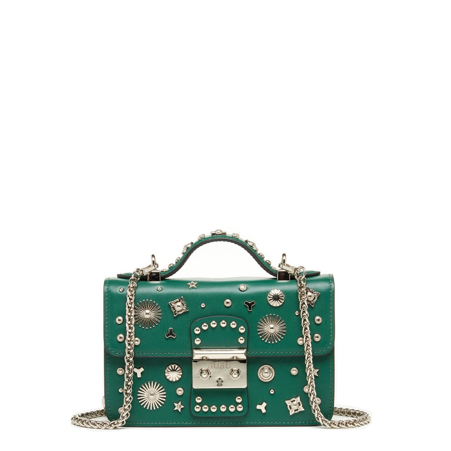 SUSU women's dark green leather crossbody bag with silver studded detailing and chain strap