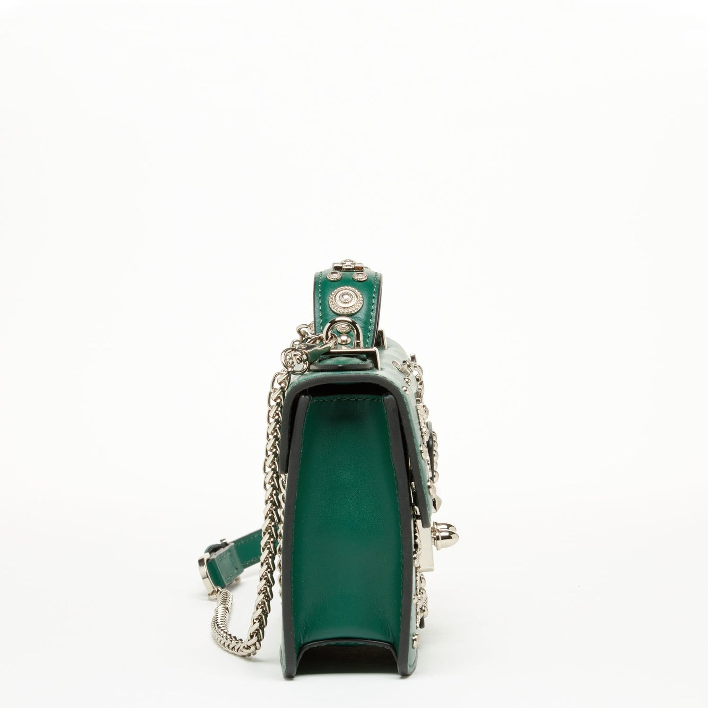 SUSU dark green crossbody bag side profile showing 7.6x4.5x2.4 inch dimensions