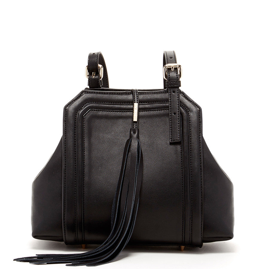 SUSU women's black leather satchel bag with tassel detail and gold hardware