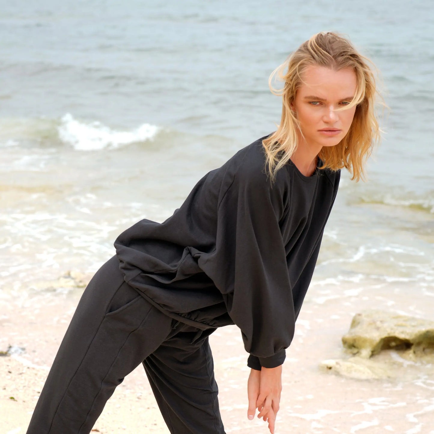 Women's Black Bamboo Fleece Sweater - HALEY Oversized Crewneck with Pockets - Diazza