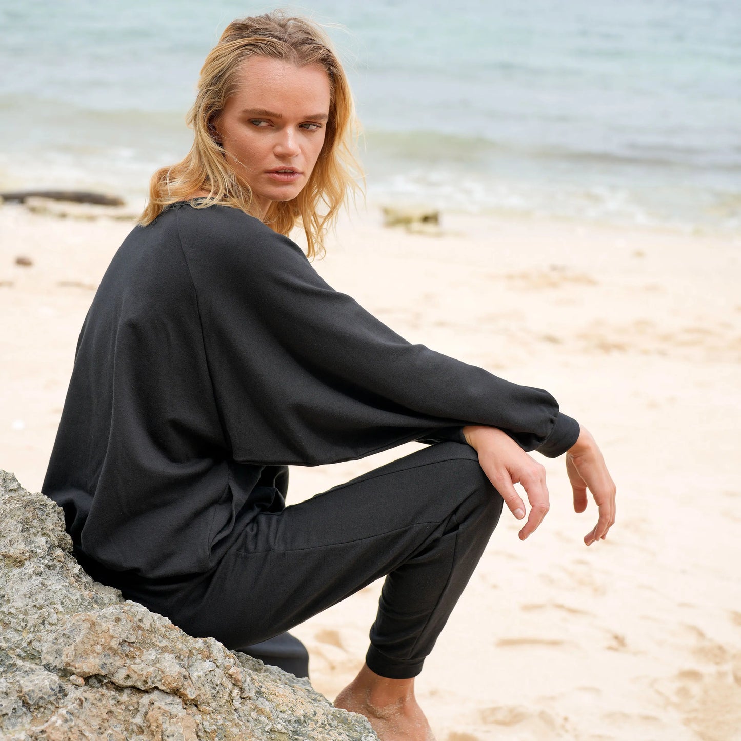 HALEY oversized sweater worn for outdoor walk showing thermal regulating comfort