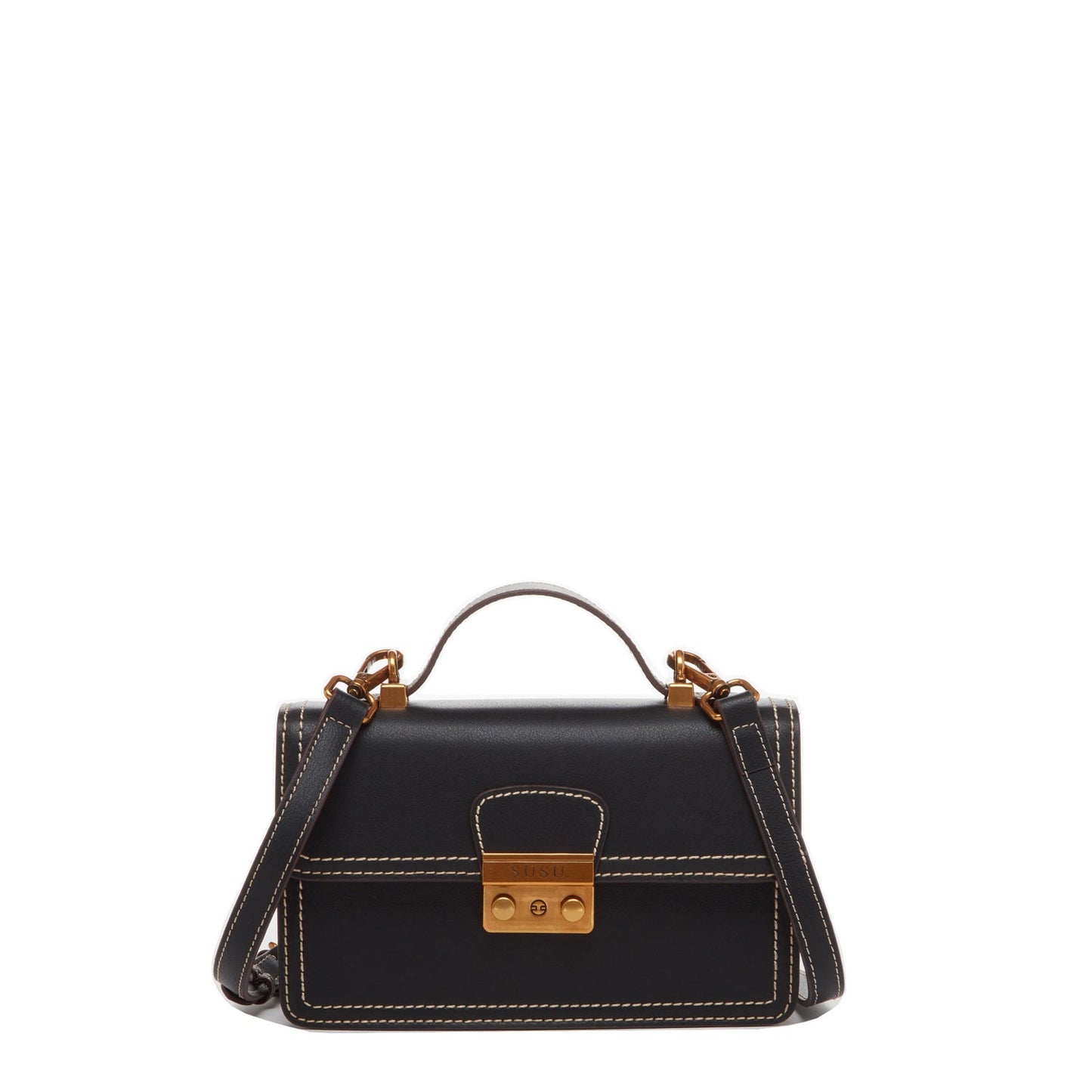 SUSU black leather small crossbody bag with premium construction and compact design