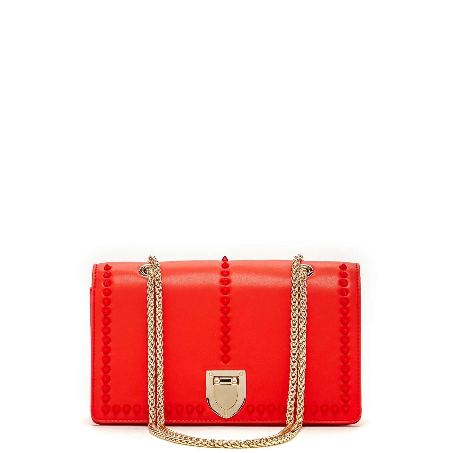 SUSU Josie red leather chain shoulder bag with studded flap and gold hardware