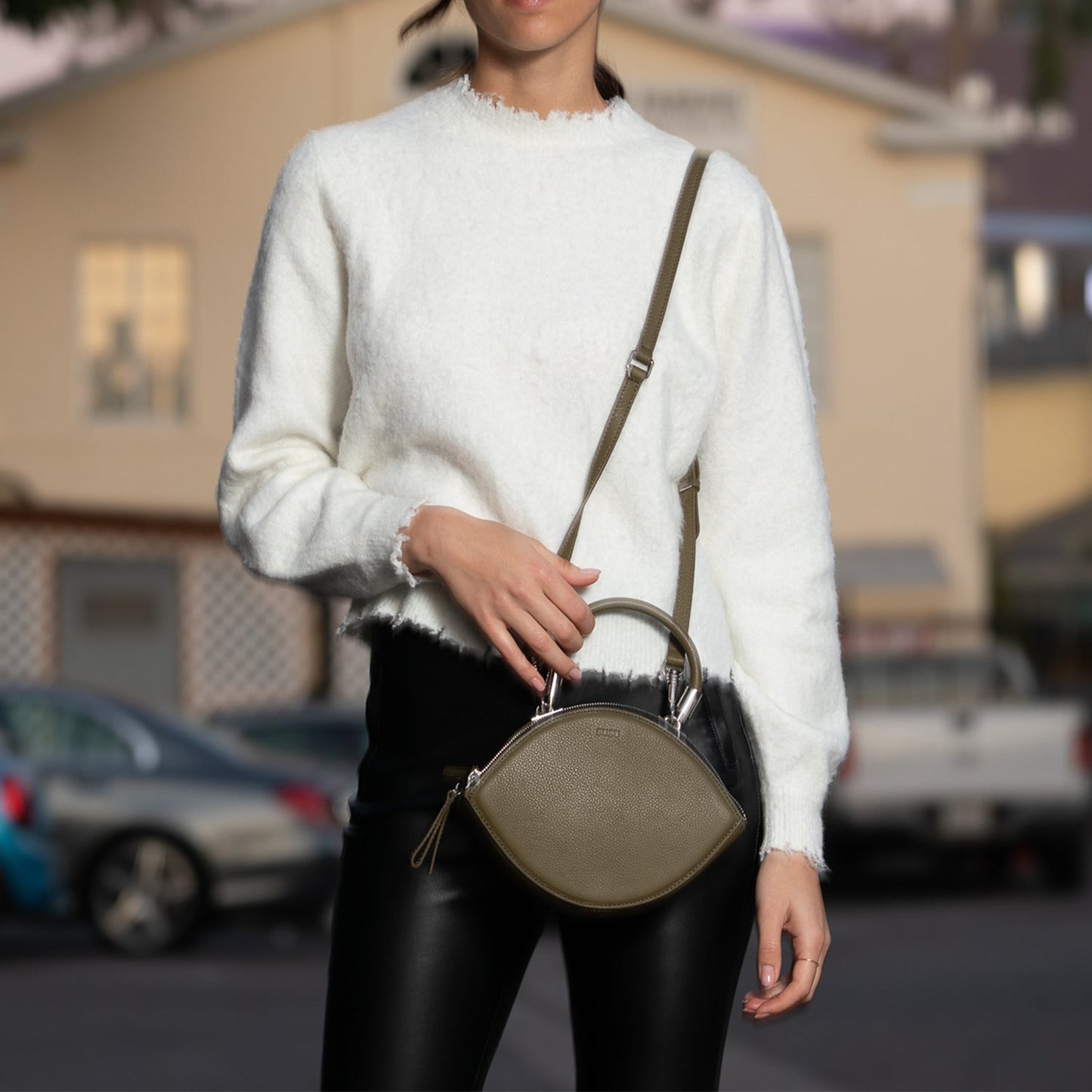 Women's Olive Green Leather Circle Crossbody Bag - Kiss Half Moon Shape Purse - Diazza