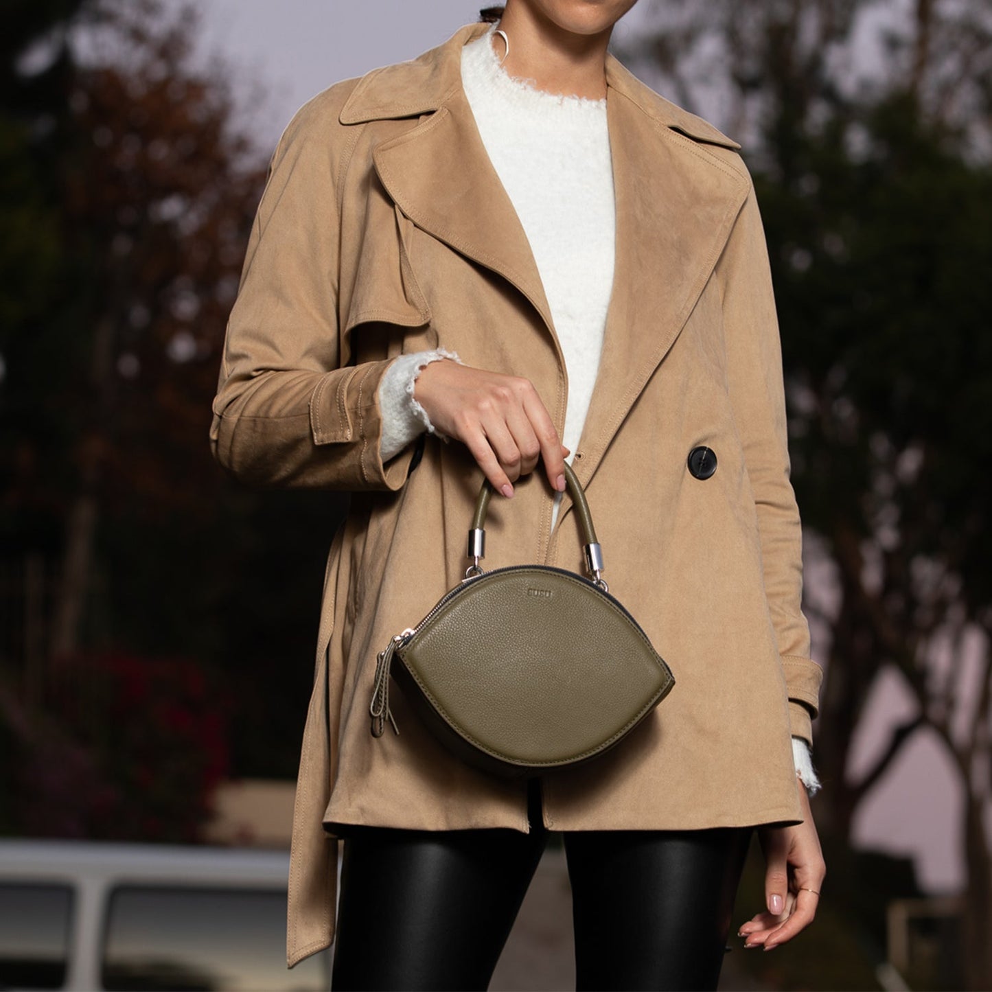 Women's Olive Green Leather Circle Crossbody Bag - Kiss Half Moon Shape Purse - Diazza