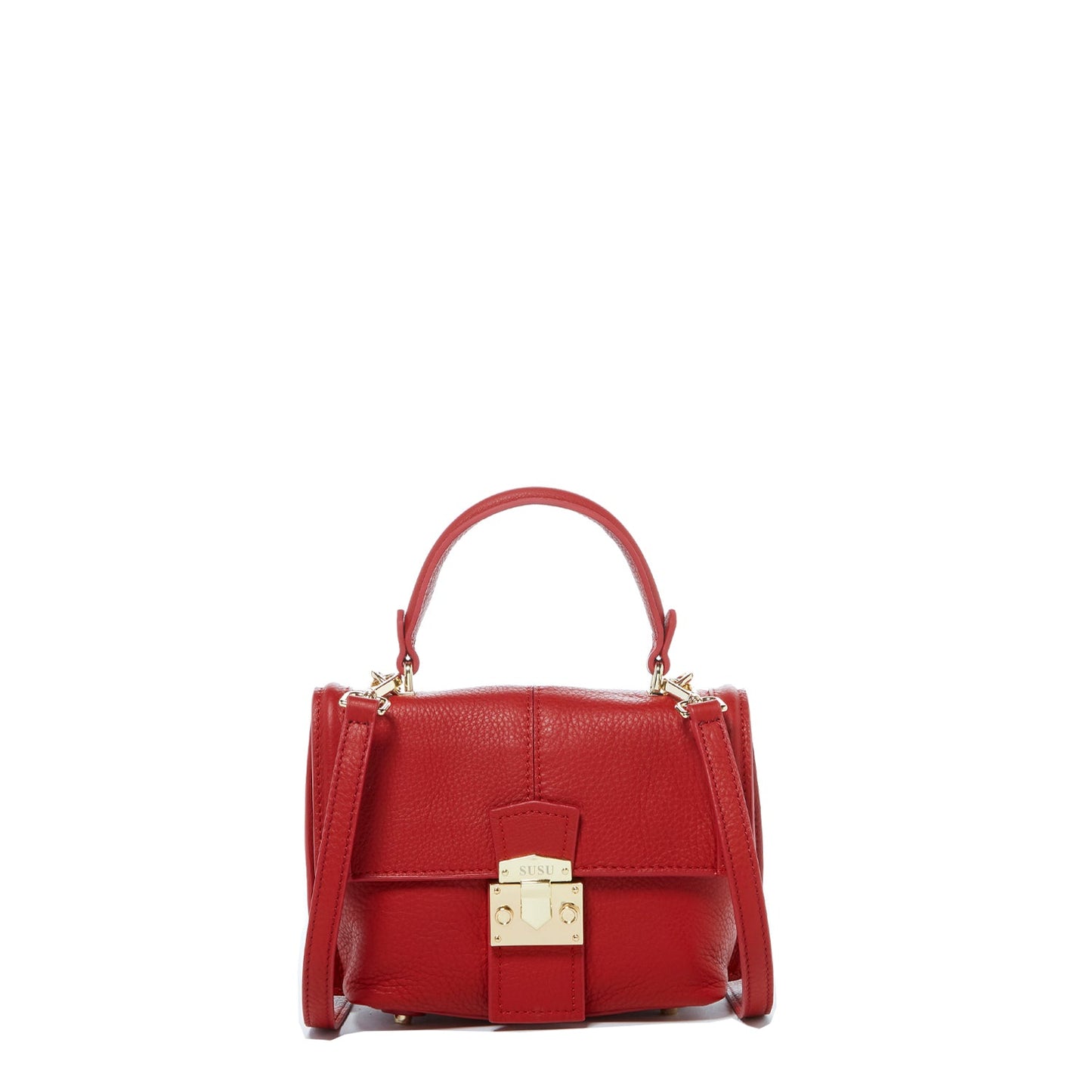 SUSU women's red Italian leather convertible backpack with gold hardware
