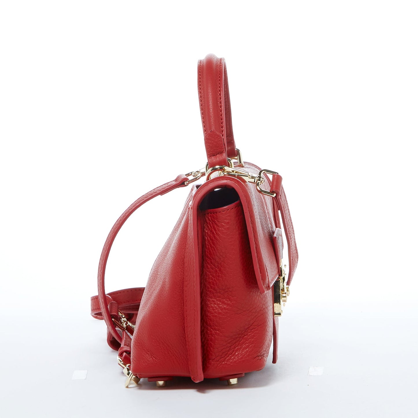 SUSU red leather backpack adjustable straps showing 14-21 inch drop range