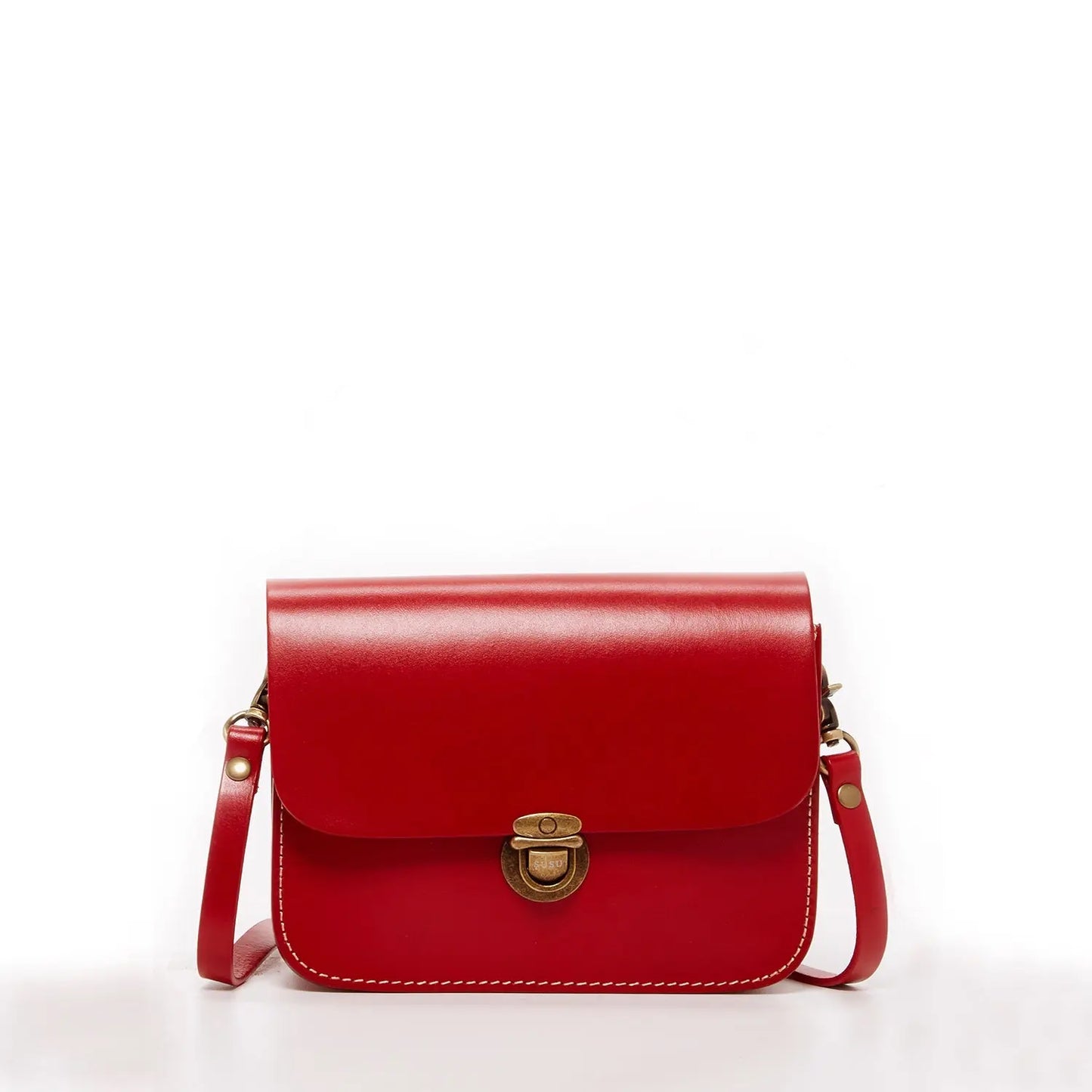 SUSU women's red leather crossbody bag with vintage camera bag design and bronze hardware