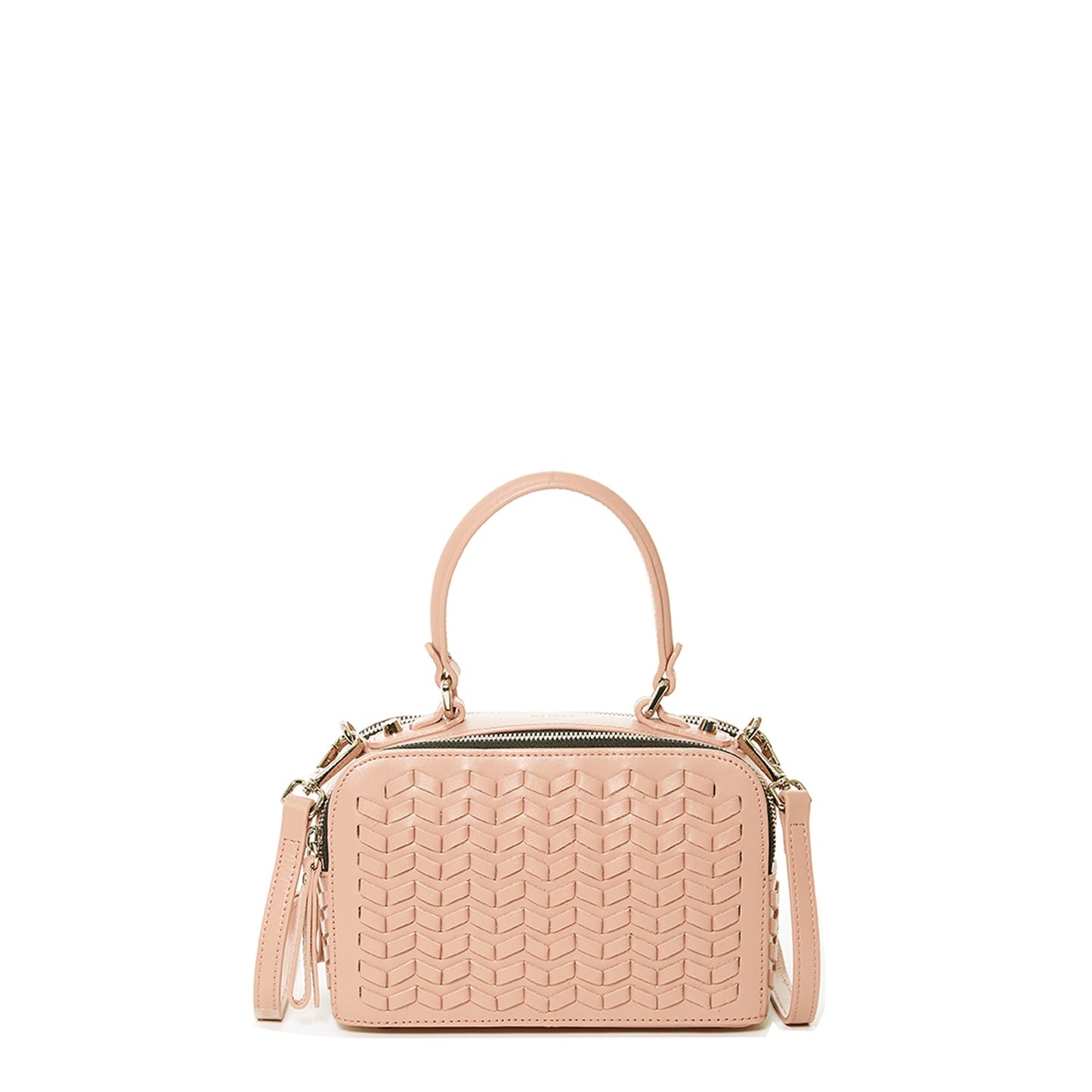 SUSU Kayla pink woven leather crossbody bag with boxy shape and silver hardware