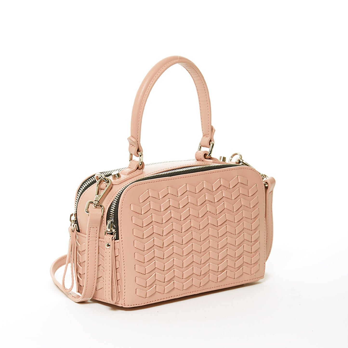 SUSU Kayla woven crossbody bag showing beautiful front panel weaving and silver accents