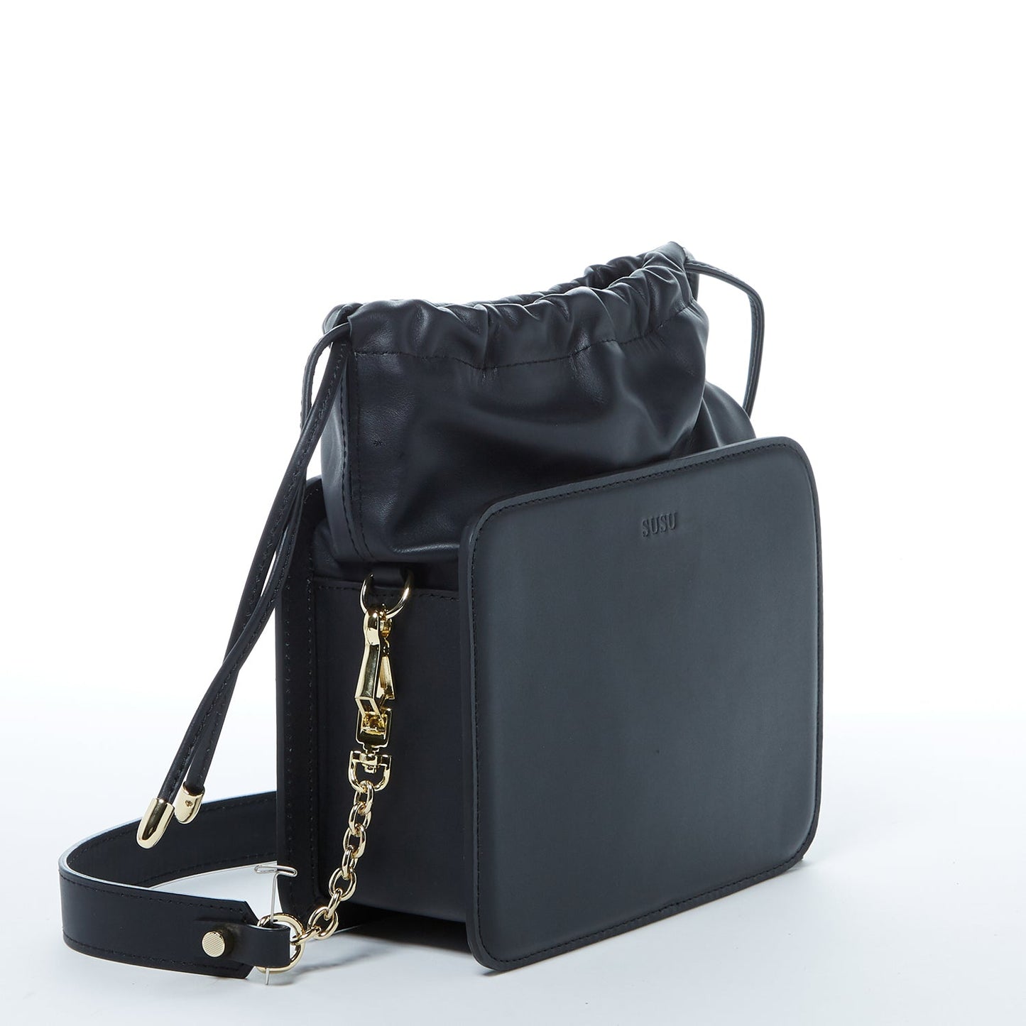 Women's Black Leather Bucket Bag - SUSU Patricia Drawstring Medium Purse - Diazza