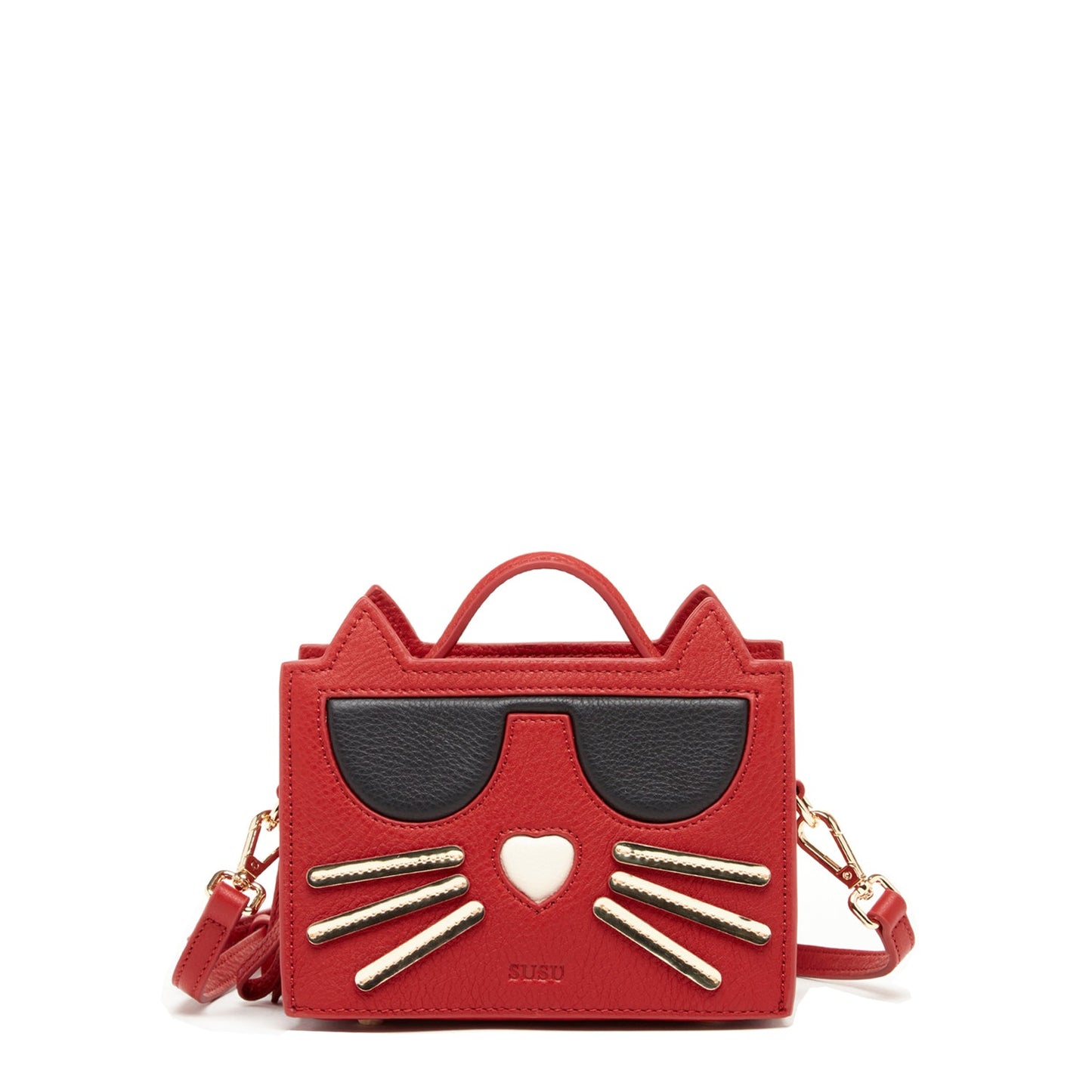 SUSU red Italian leather cat bag with playful cat design and light gold hardware