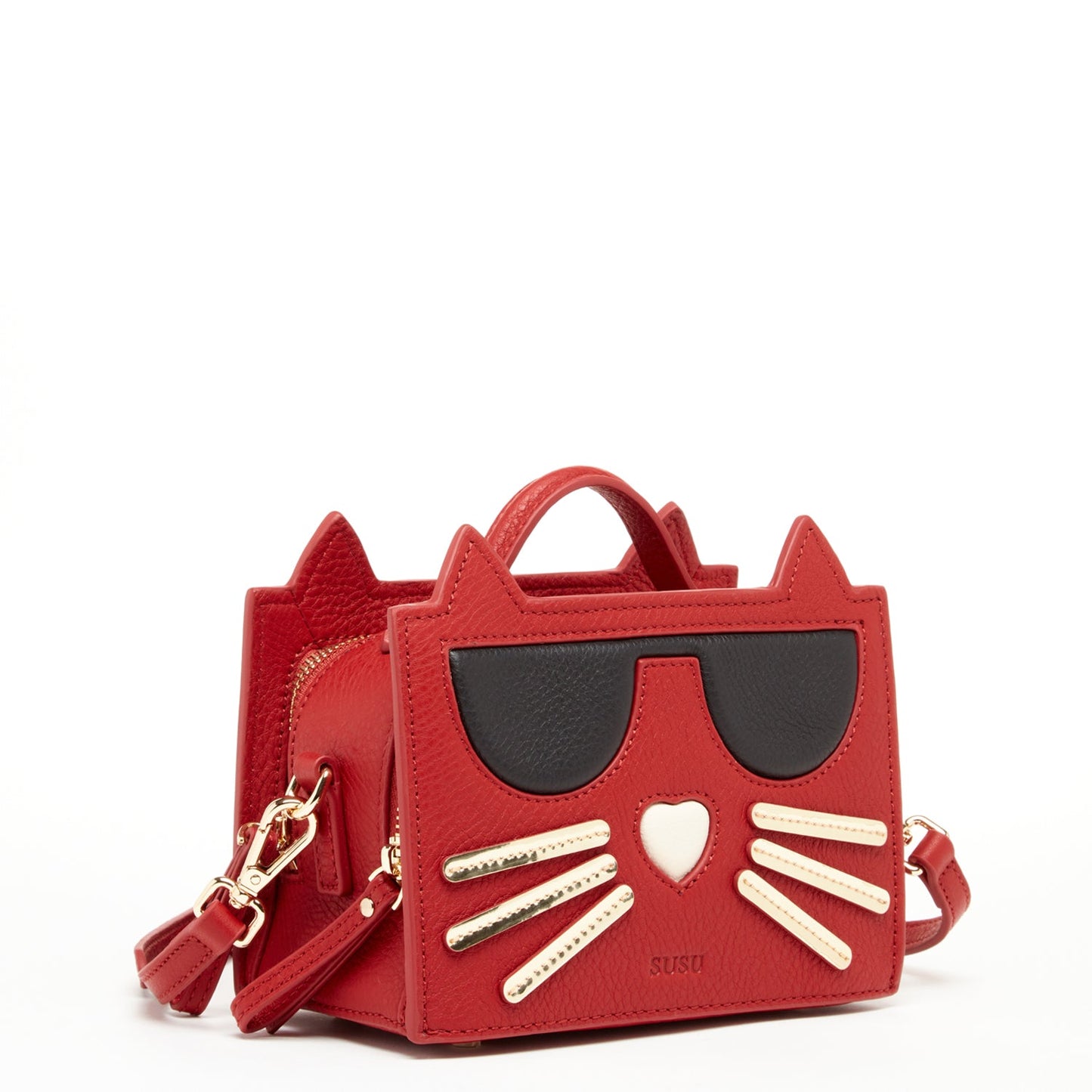 SUSU red cat purse showing adorable cat face details and sleek red finish