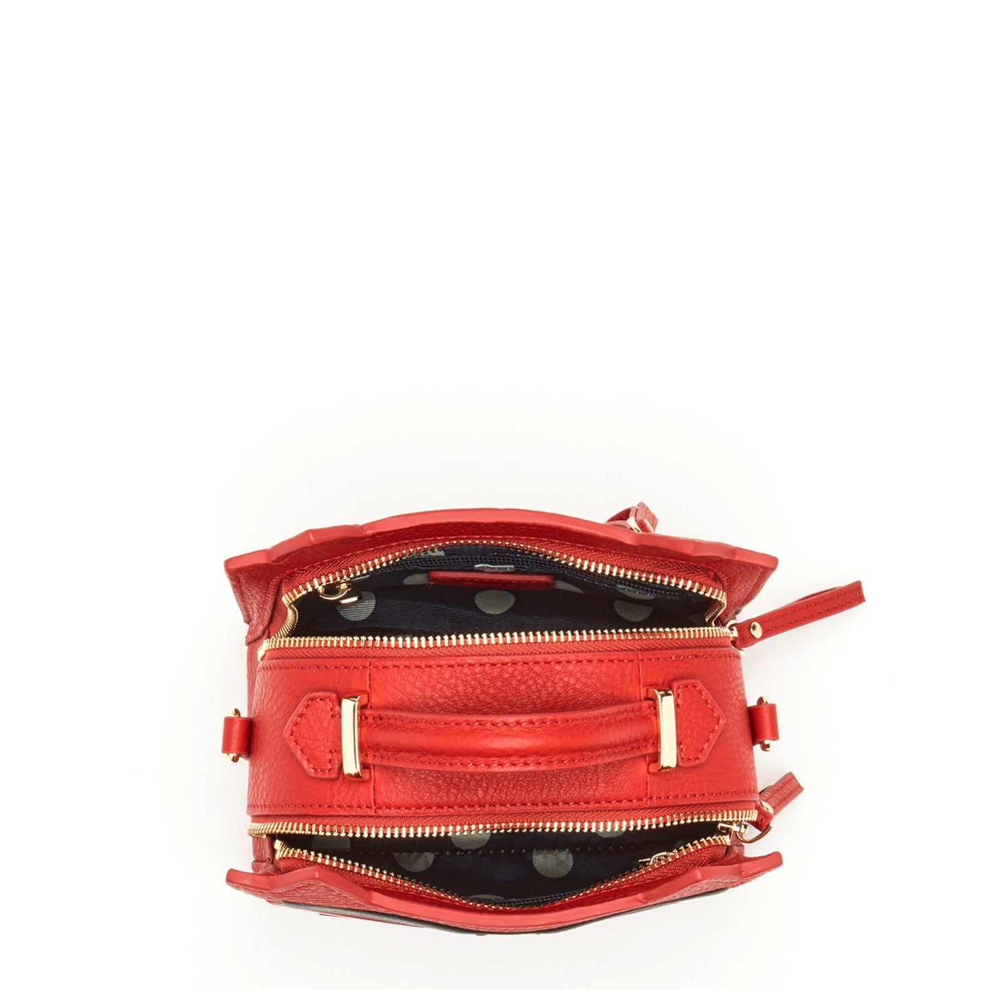 SUSU red leather cat bag interior showing black lining and zippered pocket