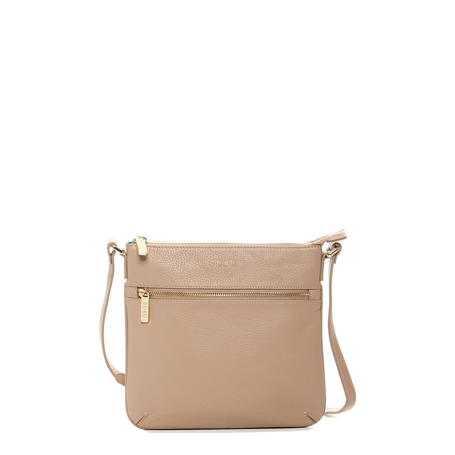 SUSU Saxon beige pebbled leather crossbody bag with front pocket and light gold hardware