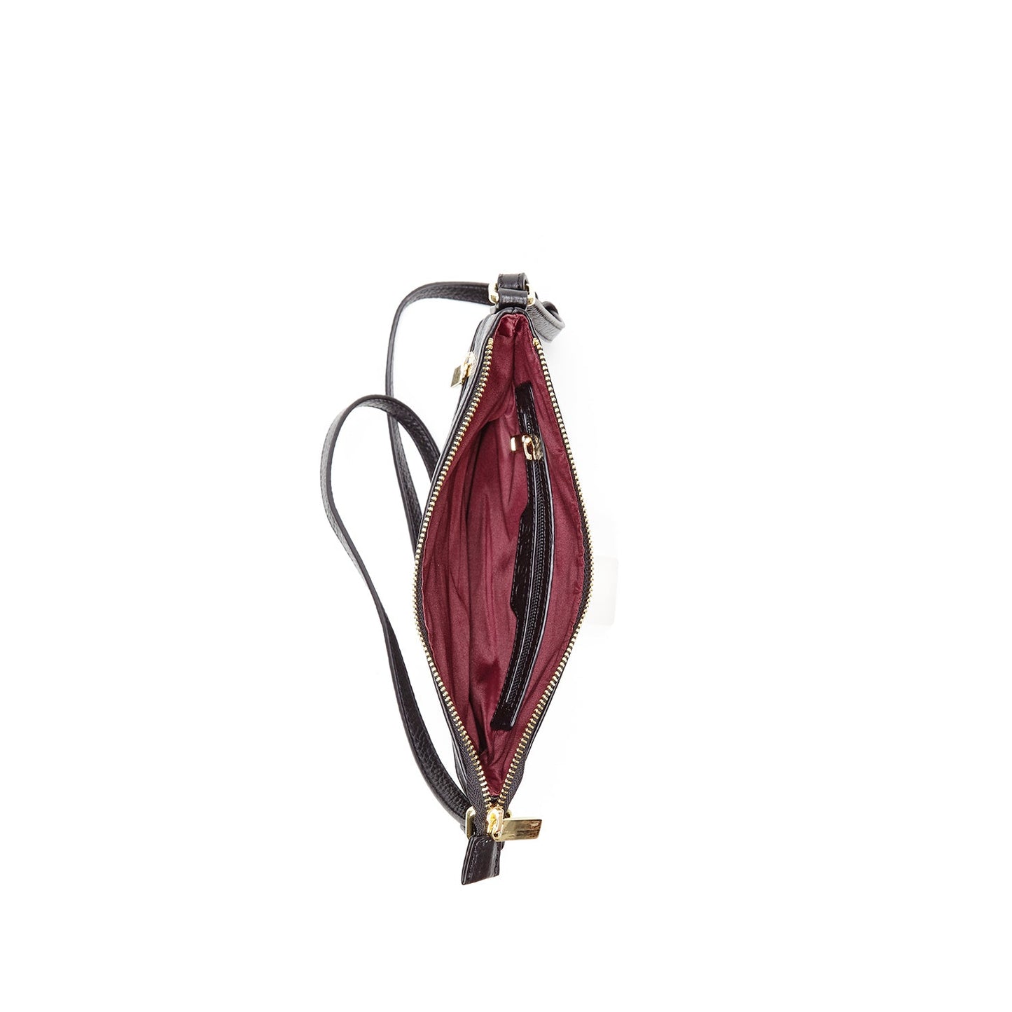 SUSU Saxon black leather bag interior showing burgundy cotton lining