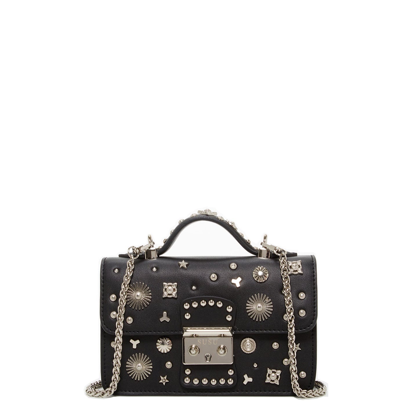 SUSU Hollywood black studded leather crossbody bag with silver metal studs and boxy design