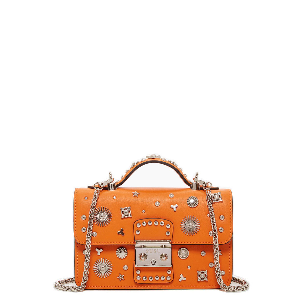 SUSU Hollywood orange studded leather crossbody bag with silver metal studs and boxy design