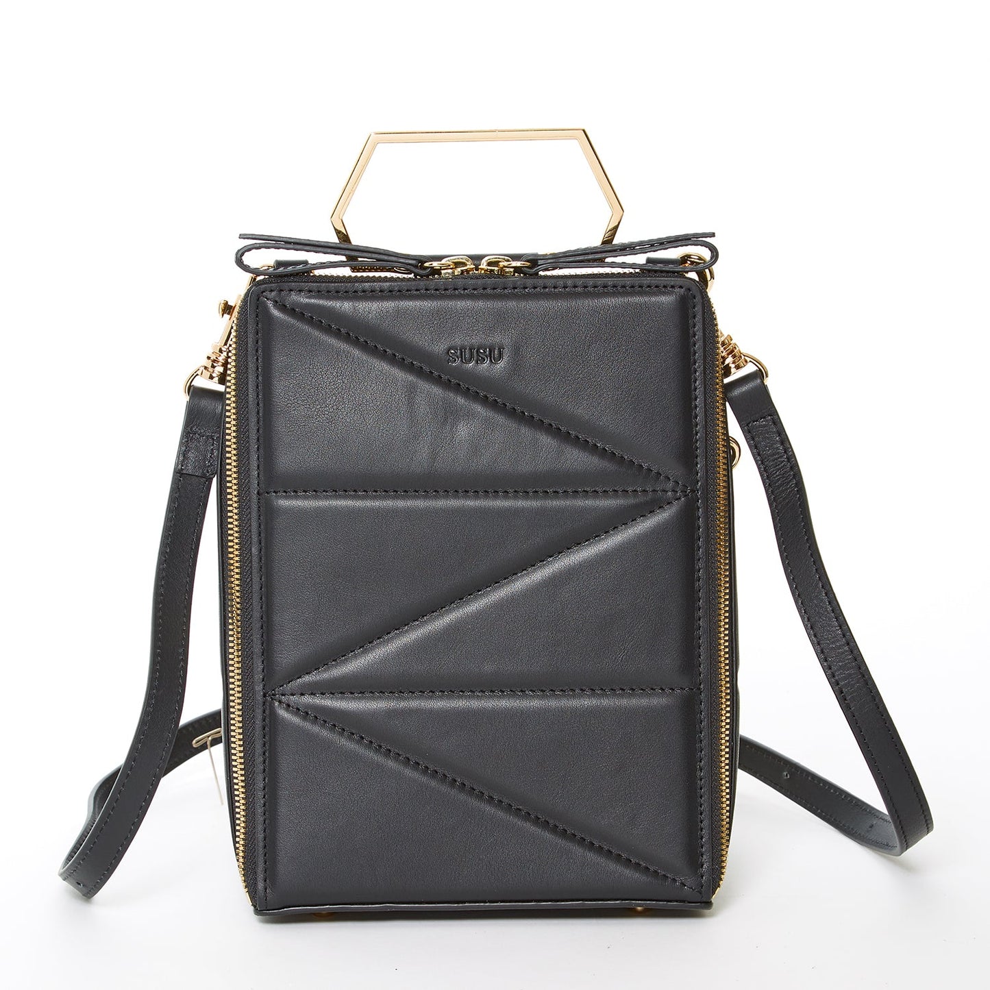 SUSU Heidi black leather backpack front view showing gold hardware and stitching