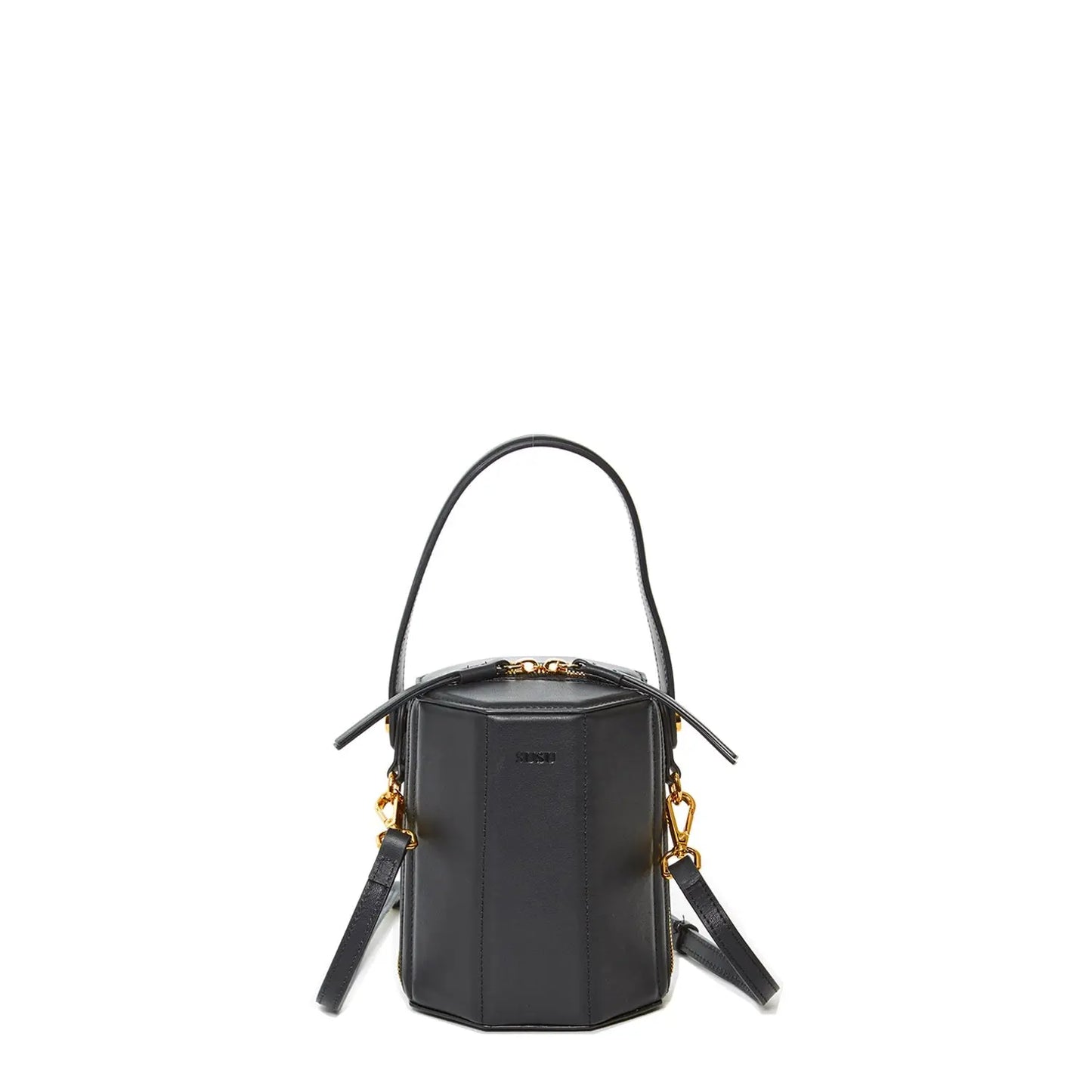 SUSU women's black leather bucket bag with geometric octagon shape and gold hardware