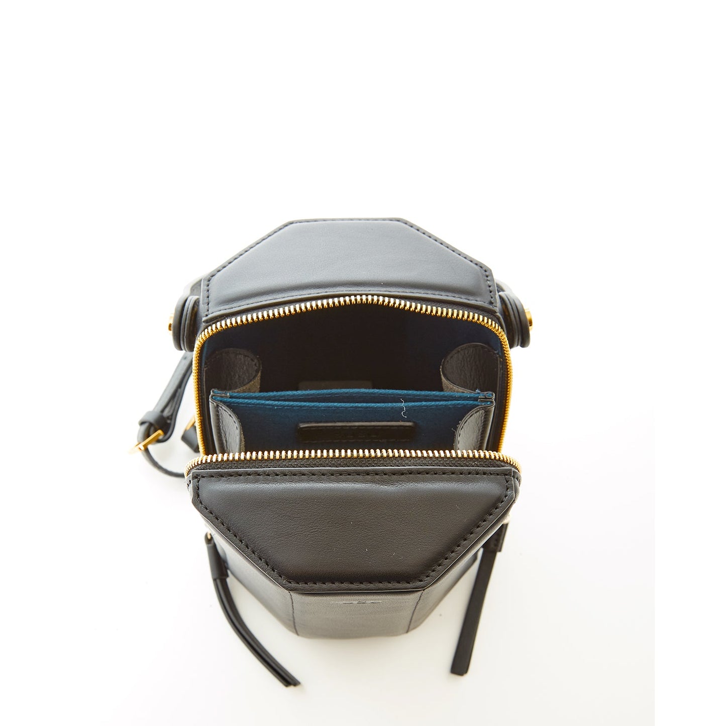 SUSU geometric bucket bag open showing organized interior compartments and teal lining