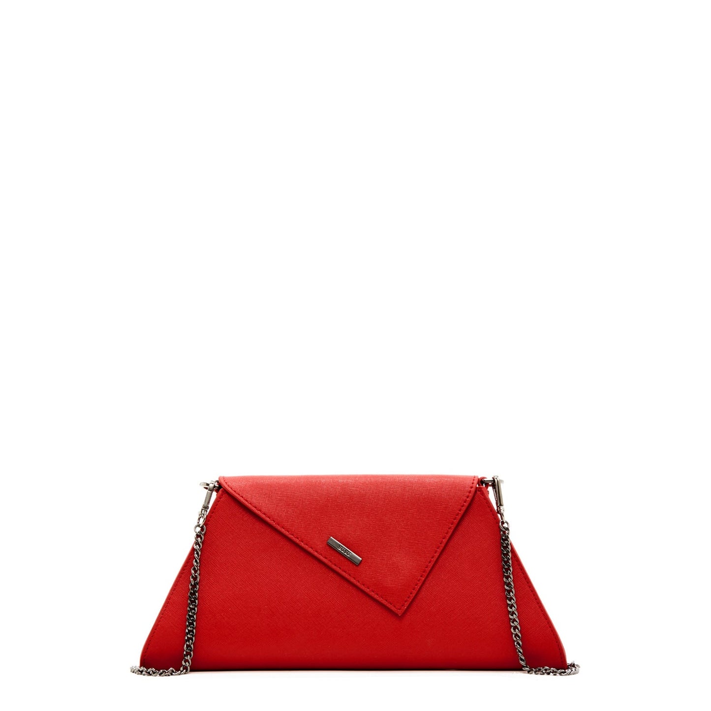 SUSU red leather clutch bag with gunmetal hardware and structured silhouette
