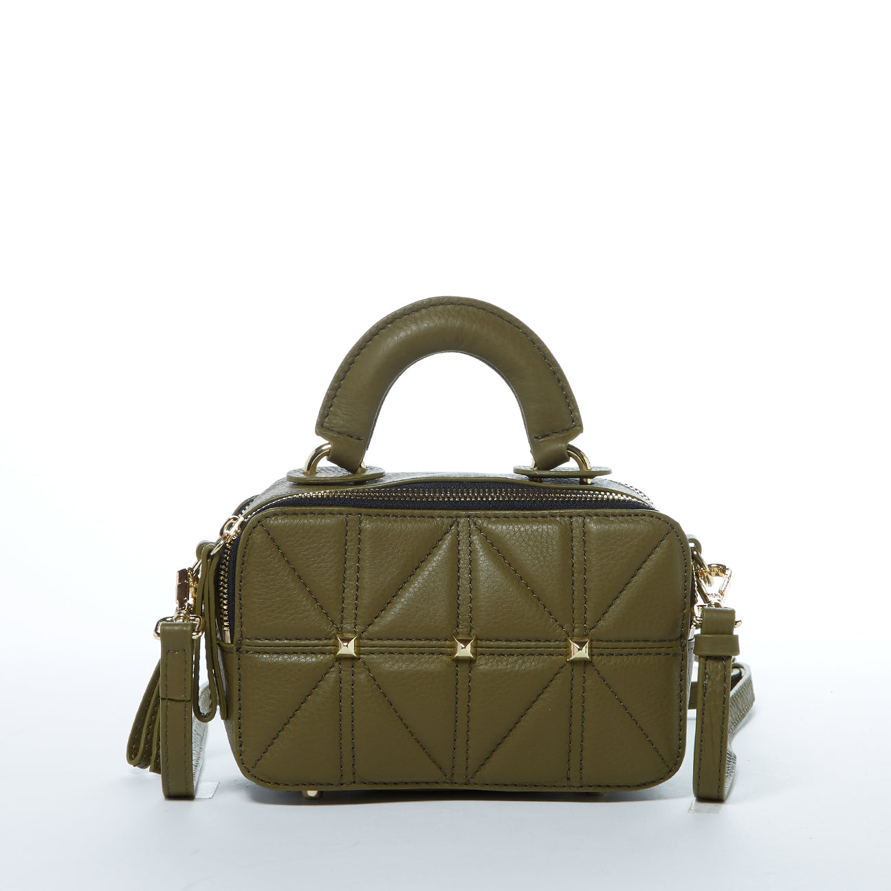 SUSU Taylor olive green quilted leather crossbody bag with gold studs and structured design